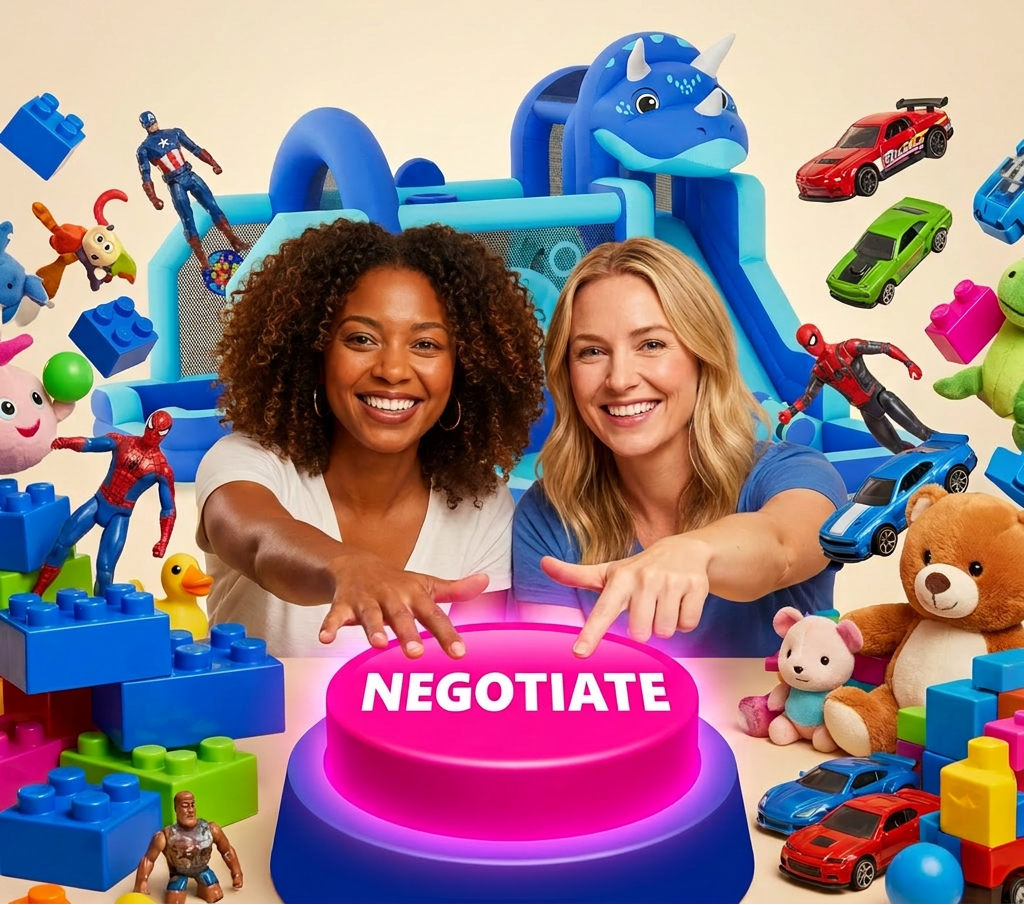 Two women interacting with a 'NEGOTiate' button surrounded by toys on a beige background