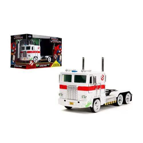 Transformers G1 Optimus Prime Big Rig with Ghostbusters Ecto-1 Graphics 1:24 Scale Die-Cast Metal Vehicle - ToyShnip