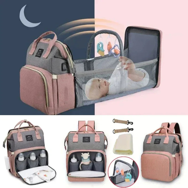 Travel Diaper Bag Backpack With Foldable Crib Bed Large Capacity - ToylandEU