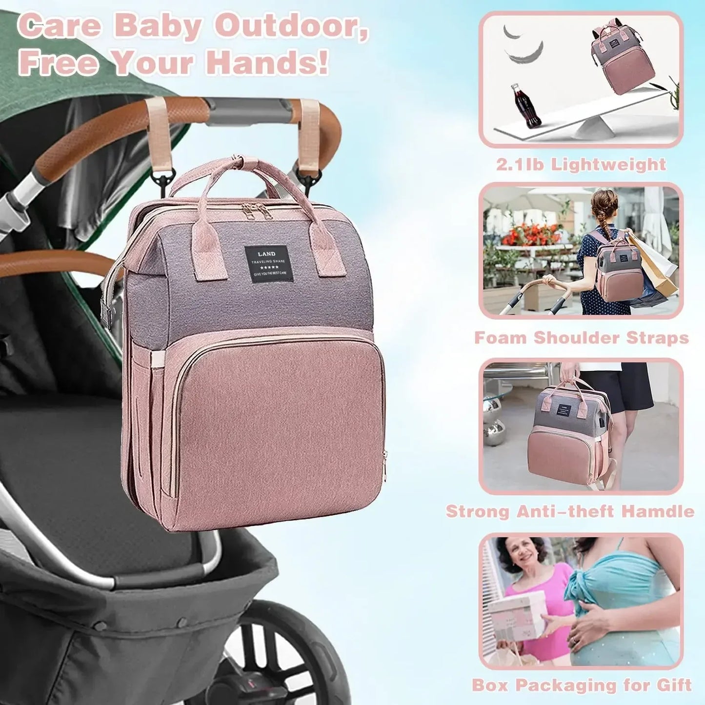 Travel Diaper Bag Backpack With Foldable Crib Bed Large Capacity - ToylandEU