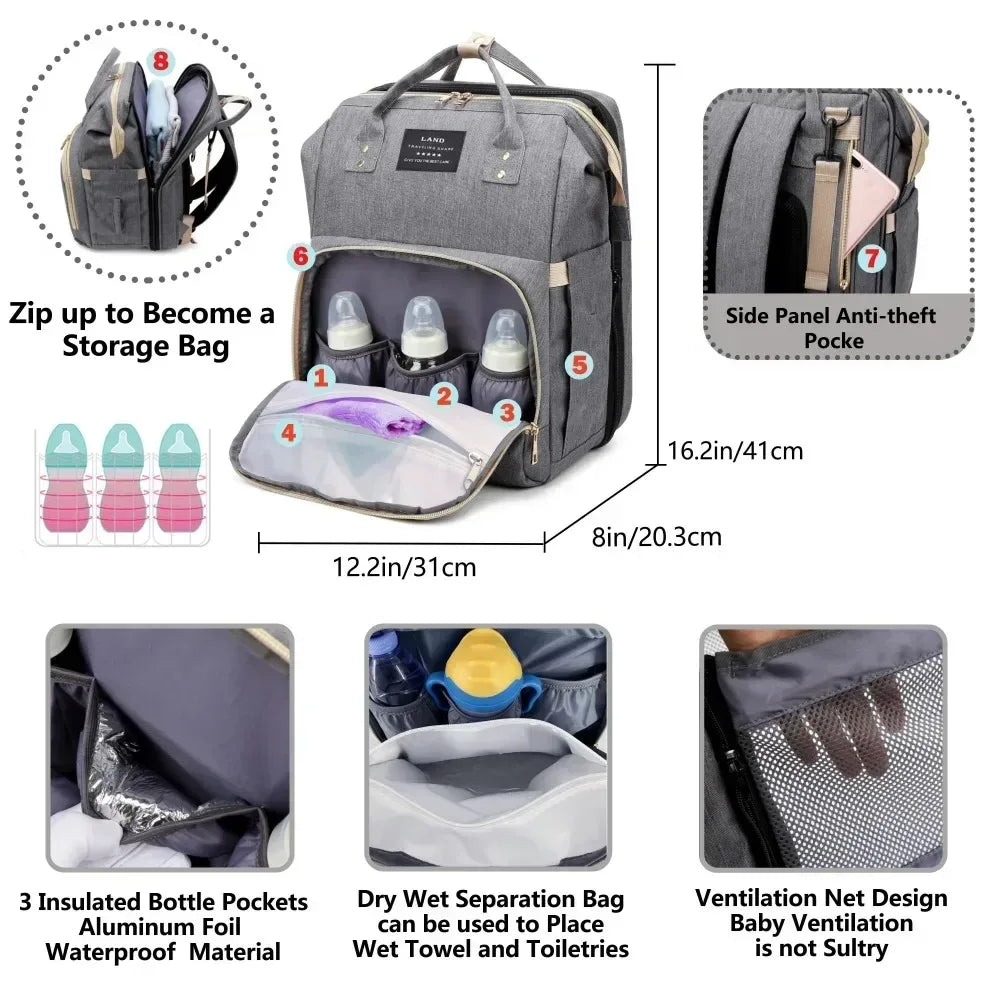 Travel Diaper Bag Backpack With Foldable Crib Bed Large Capacity - ToylandEU