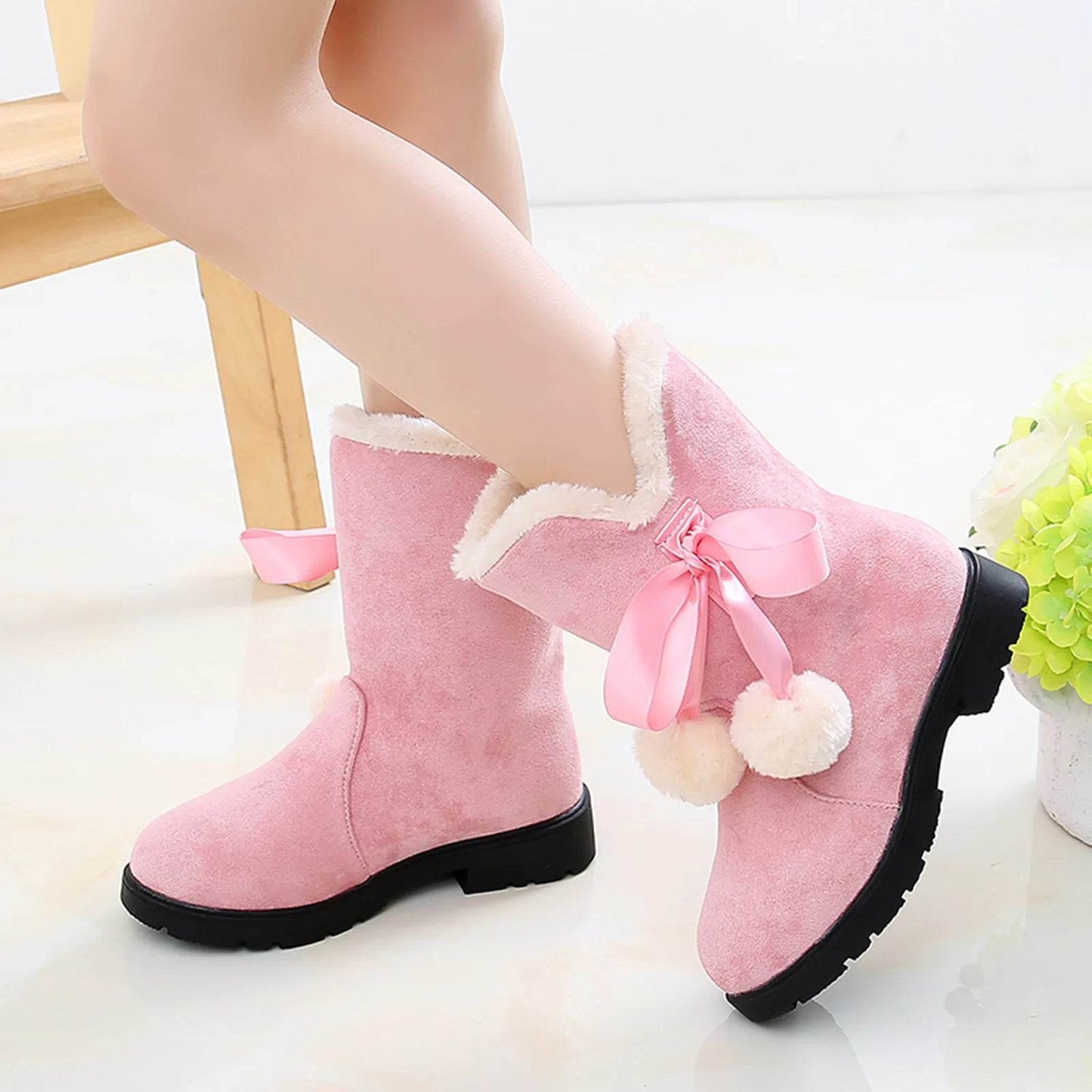 Trendy Plush Winter Snow Boots for Girls - Warm Ankle Fashion Shoes in Pink, Red, and Black - ToylandEU