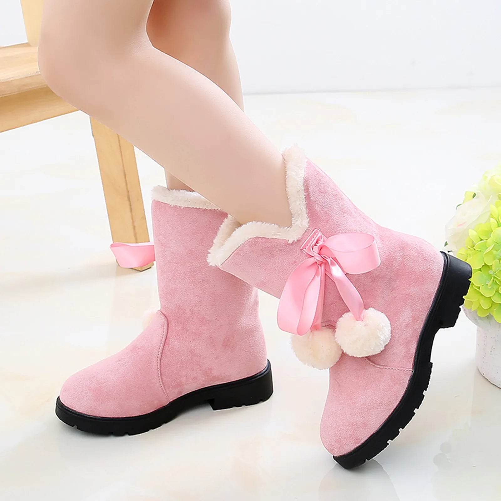 Trendy Plush Winter Snow Boots for Girls - Warm Ankle Fashion Shoes in Pink, Red, and Black - ToylandEU
