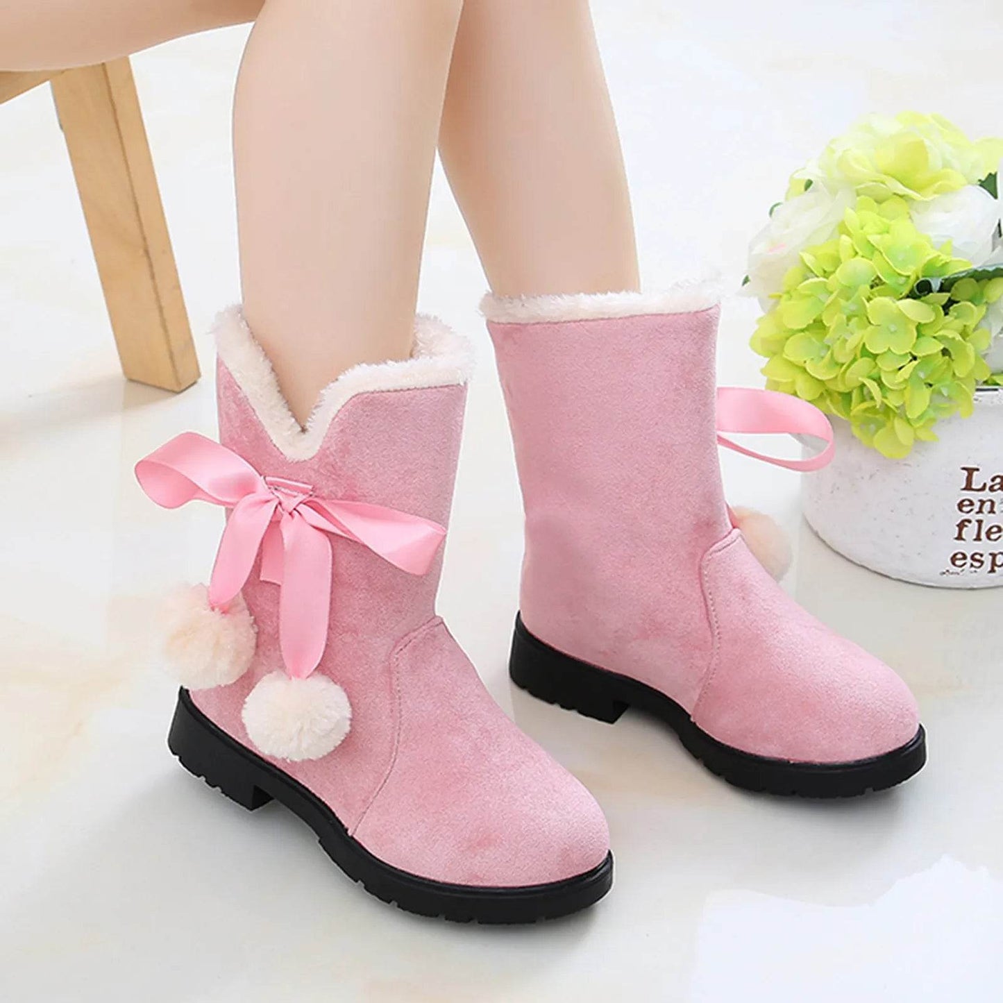 Trendy Plush Winter Snow Boots for Girls - Warm Ankle Fashion Shoes in Pink, Red, and Black - ToylandEU