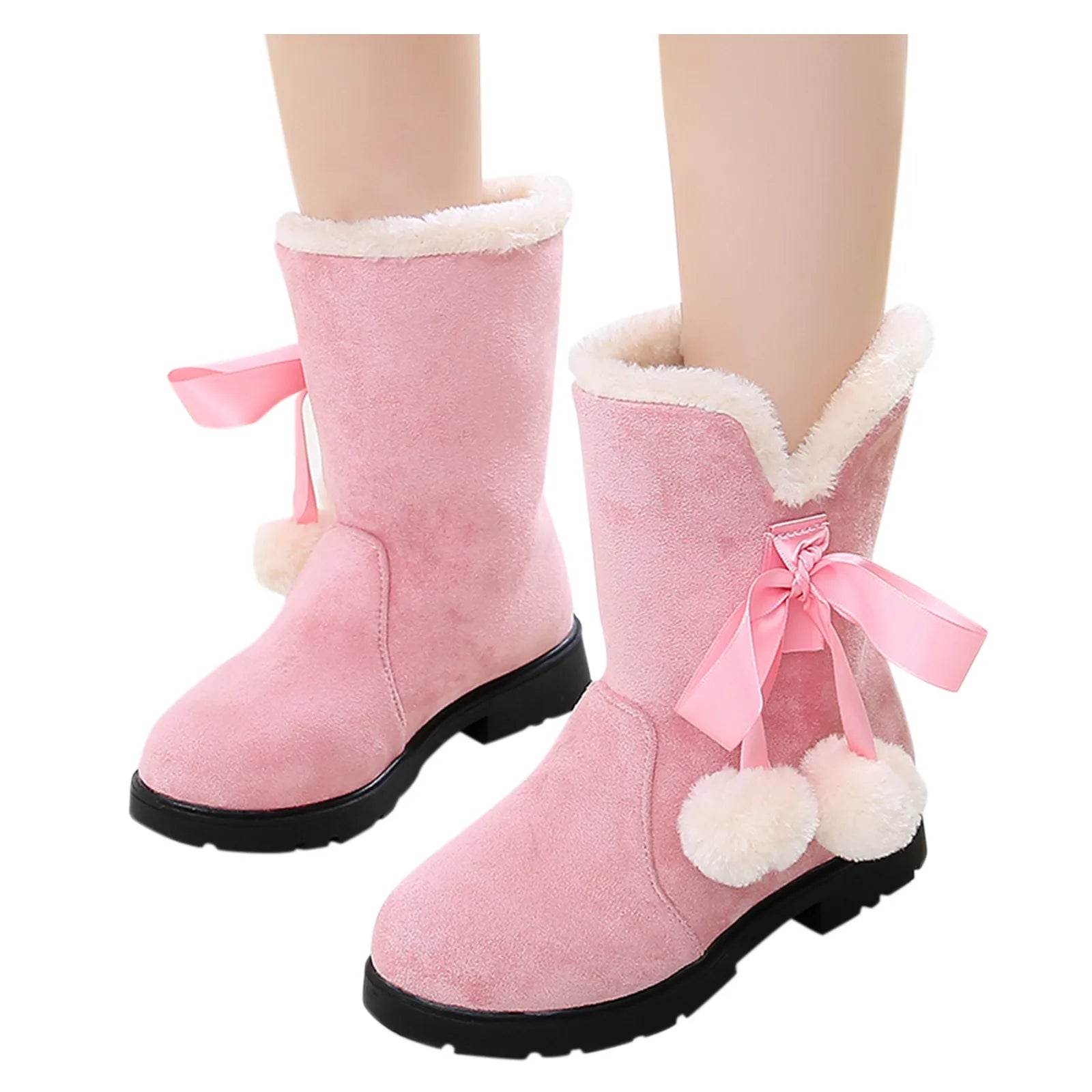 Trendy Plush Winter Snow Boots for Girls - Warm Ankle Fashion Shoes in Pink, Red, and Black - ToylandEU