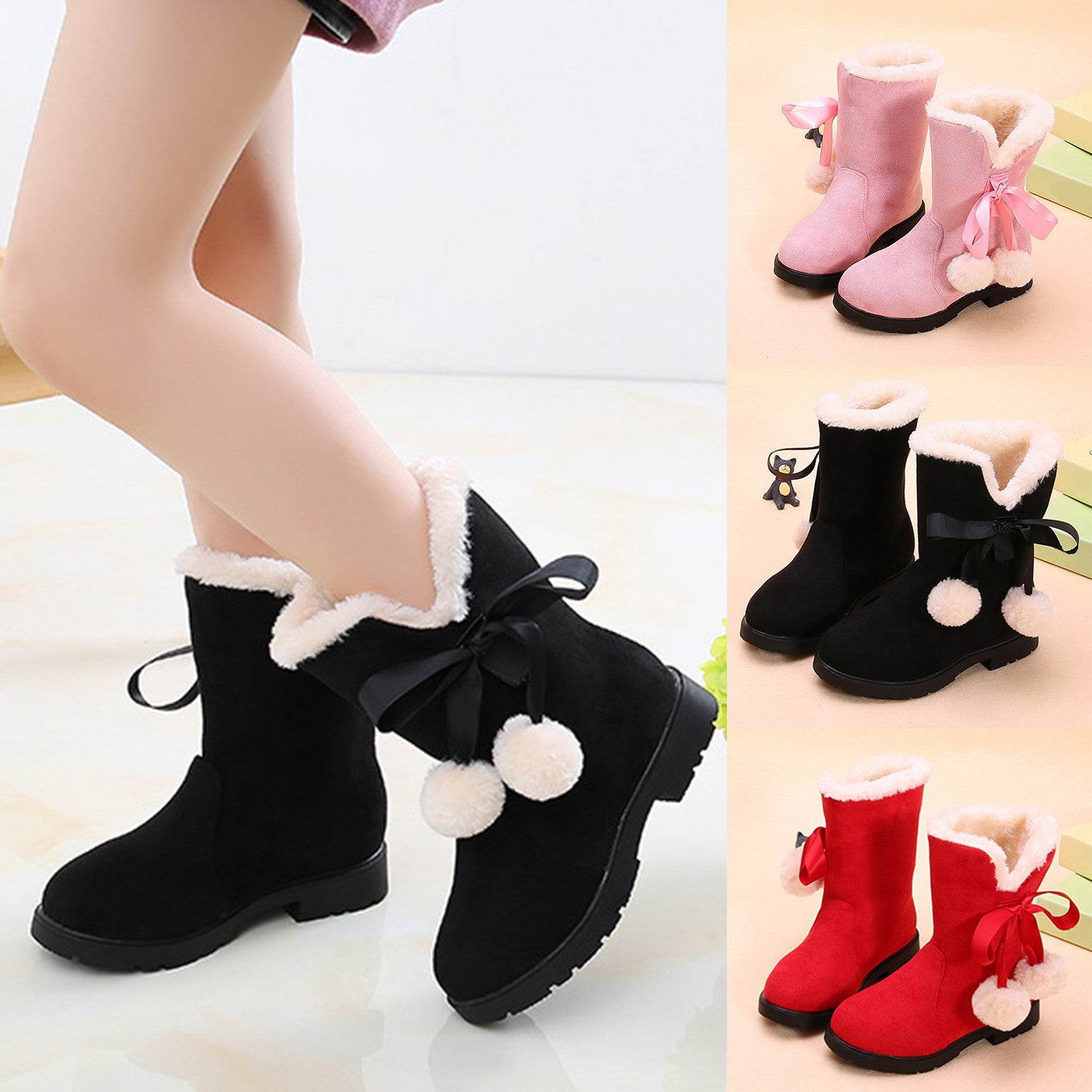 Trendy Plush Winter Snow Boots for Girls - Warm Ankle Fashion Shoes in Pink, Red, and Black - ToylandEU