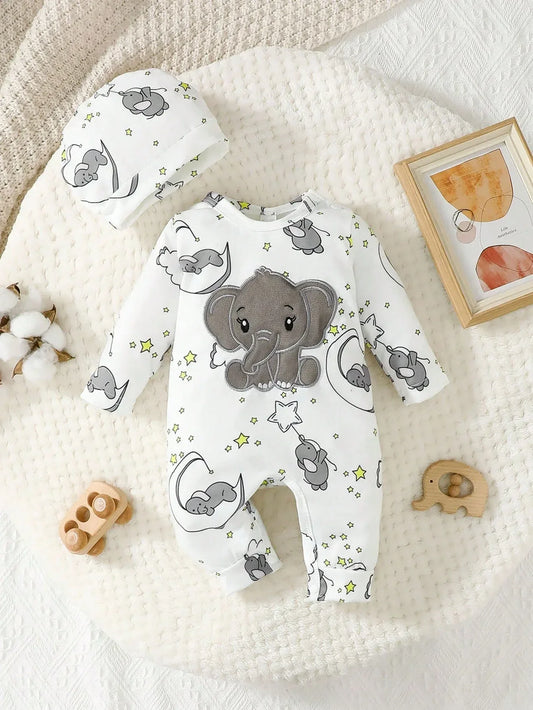 Two Piece Baby Romper With Hat Cartoon Elephant Embroidery - ToylandEU