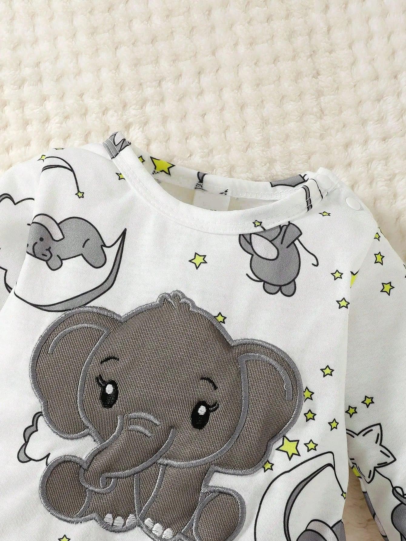 Two Piece Baby Romper With Hat Cartoon Elephant Embroidery - ToylandEU