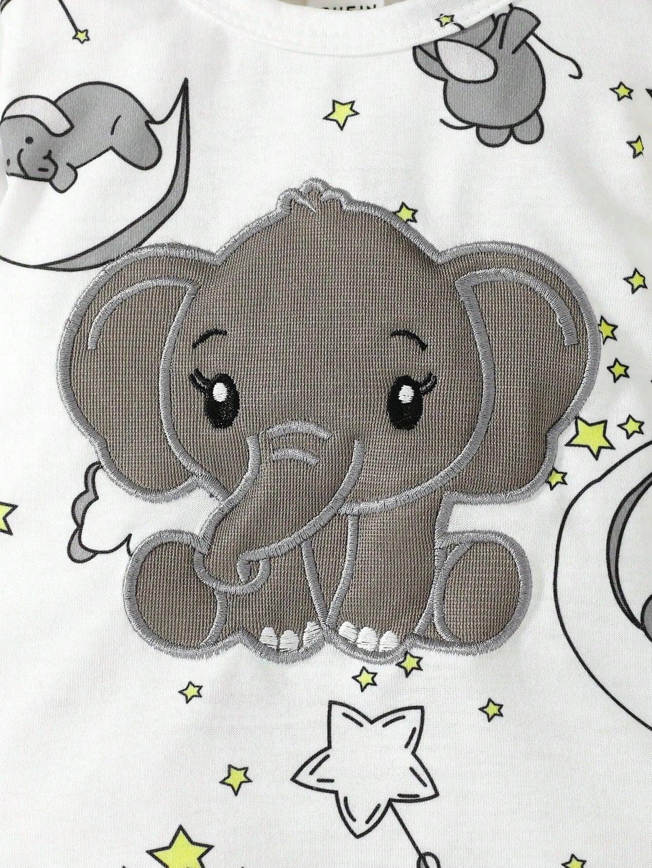 Two Piece Baby Romper With Hat Cartoon Elephant Embroidery - ToylandEU