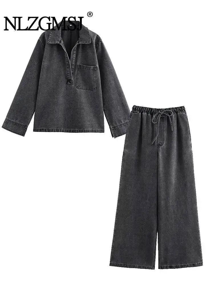  2024 Autumn Jeans Sets Women Turn-down Collar Casual Top Fashion High Waist Streetwear Female Denim Pant Two Piece Set -  ToylandEU™