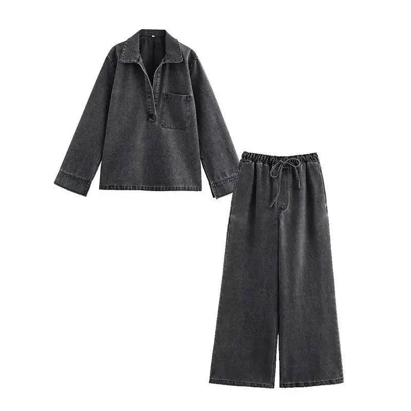  2024 Autumn Jeans Sets Women Turn-down Collar Casual Top Fashion High Waist Streetwear Female Denim Pant Two Piece Set -  ToylandEU™