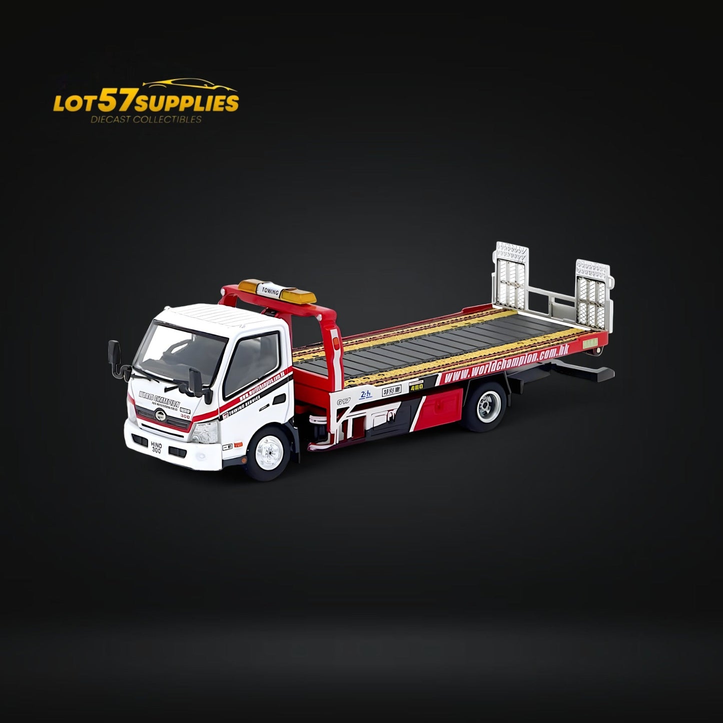 Diecast Unique Model Hino 300 Dutro Flatbed Flatbed Tow Truck in WORLD CHAMPION Livery 1:64