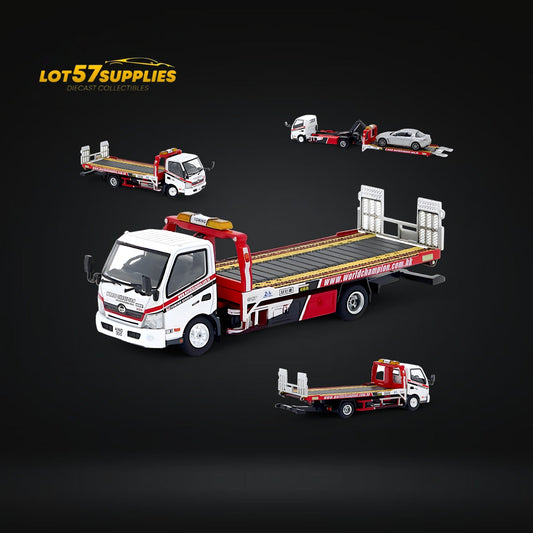 Diecast Unique Model Hino 300 Dutro Flatbed Flatbed Tow Truck in WORLD CHAMPION Livery 1:64