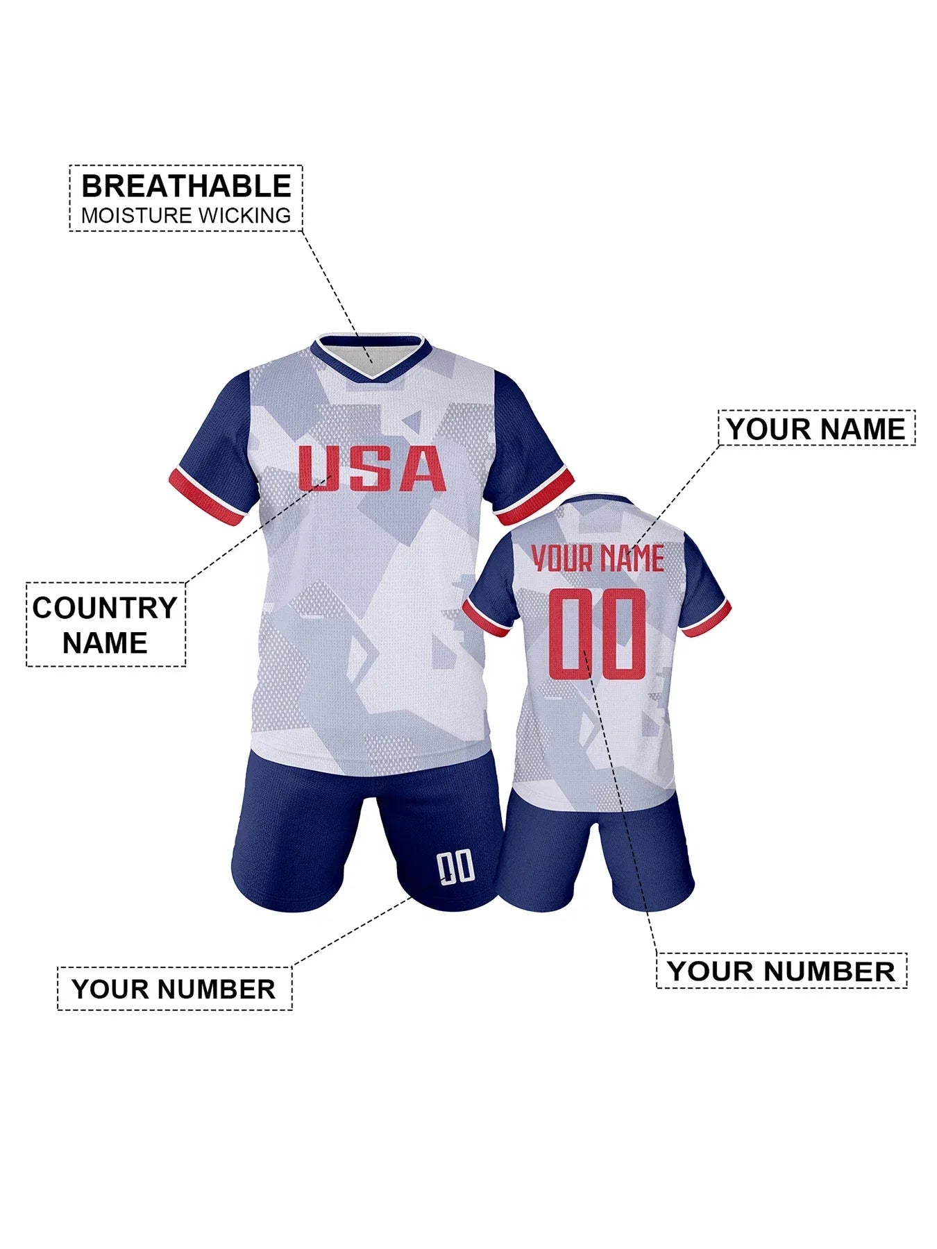 USA Youth Customizable Soccer Jersey Kit With Name & Number, Sublimation Knit Fabric Football Shirt - ToylandEU