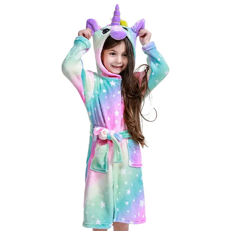 Unicorn Hooded Bathrobe For Kids Soft Flannel Sleepwear - ToylandEU