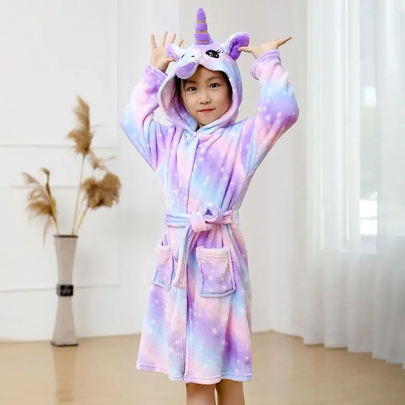 Unicorn Hooded Bathrobe For Kids Soft Flannel Sleepwear - ToylandEU