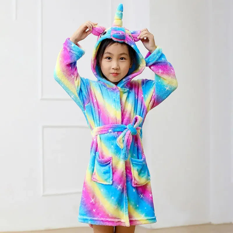 Unicorn Hooded Bathrobe For Kids Soft Flannel Sleepwear - ToylandEU