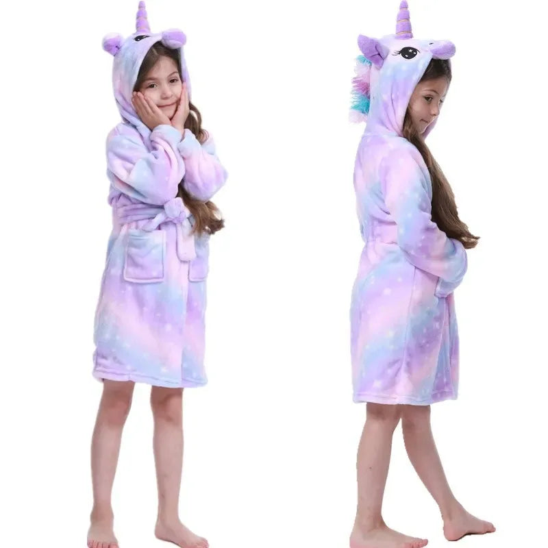 Unicorn Hooded Bathrobe For Kids Soft Flannel Sleepwear - ToylandEU