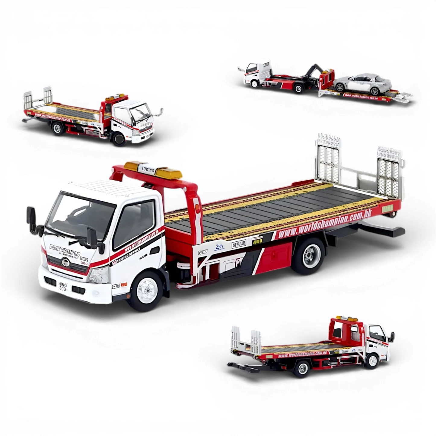 Unique Model Hino 300 Dutro Flatbed Tow Truck World Champion 1:64 - ToylandEU