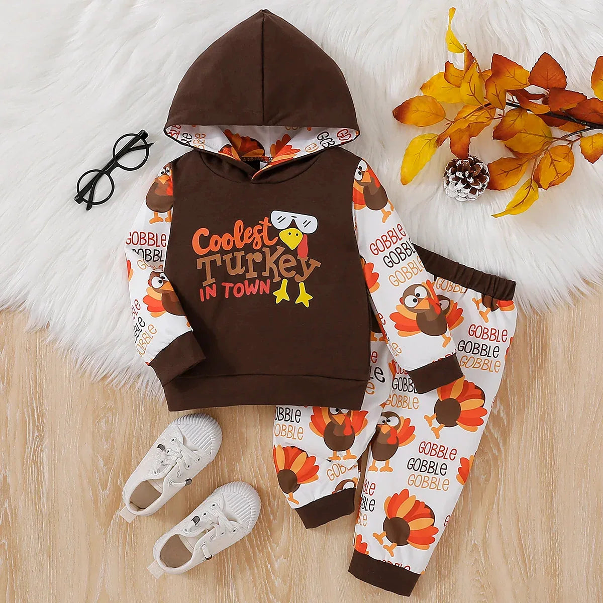 Unisex Baby Thanksgiving Letter Print Hoodie And Pants Set 1-3Y Polyester - ToylandEU