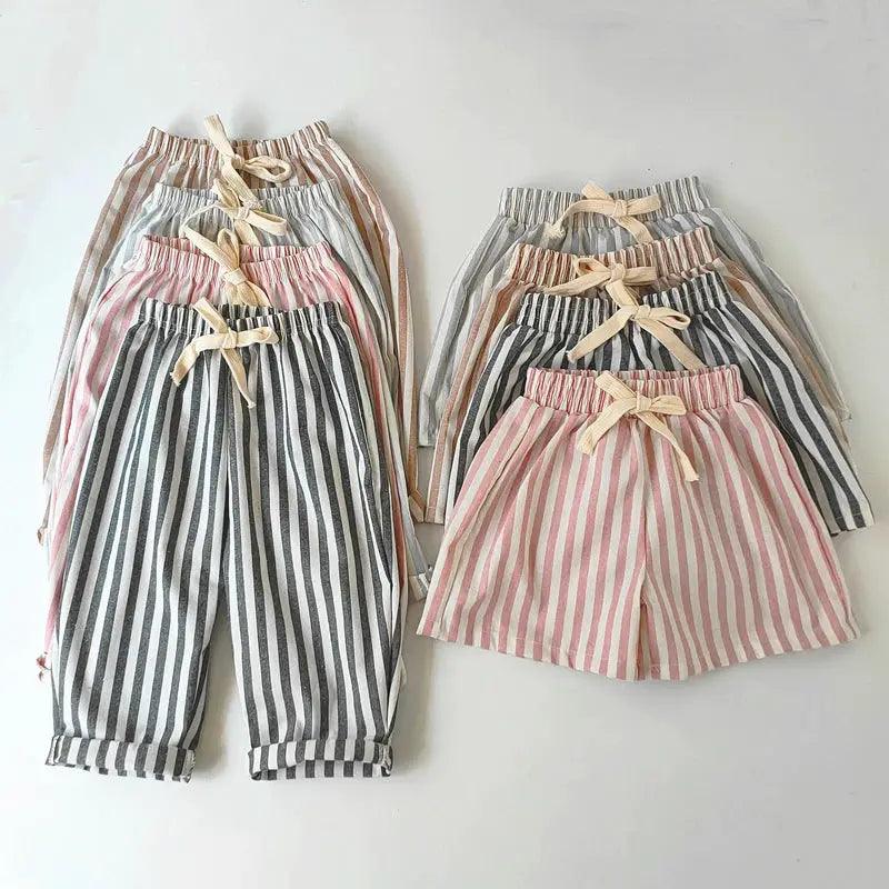  Unisex Linen Cotton Striped Kids Shorts Elastic Waist -  ToylandEU™