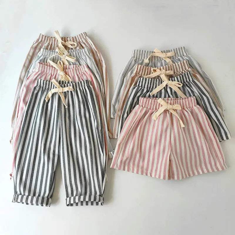  Unisex Linen Cotton Striped Kids Shorts Elastic Waist -  ToylandEU™