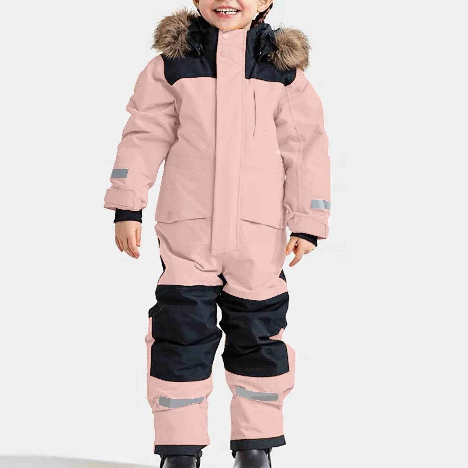 Unisex Windproof Warm Ski Jumpsuit Hooded Fleece For Kids - ToylandEU