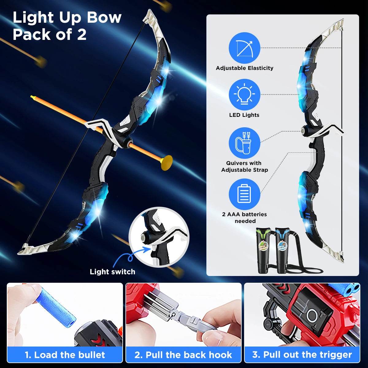 VATOS 2X Bow Arrow Guns Toy For Kids LED Light Up Game - ToylandEU
