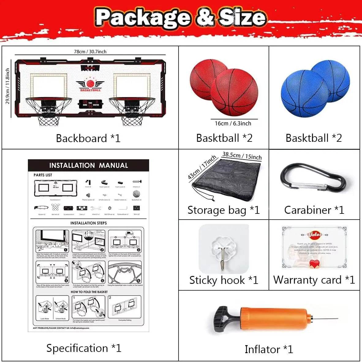 VATOS 2x Basketball Hoop Indoor Outdoor Electric Mini Scoreboard Gift for Kids - ToylandEU