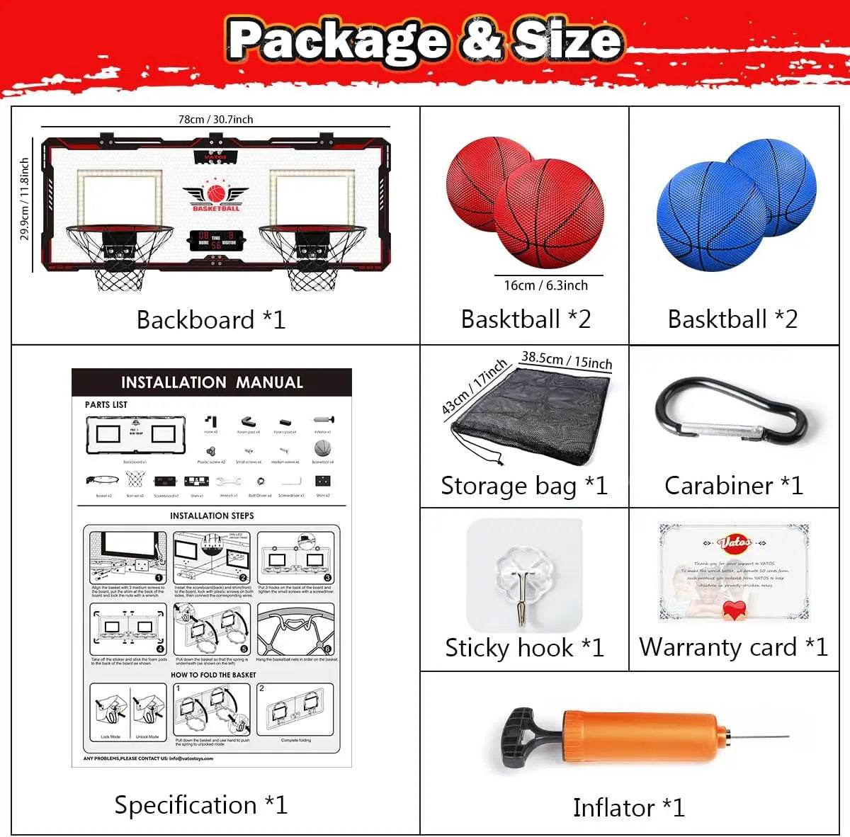 VATOS 2x Basketball Hoop Indoor Outdoor Electric Mini Scoreboard Gift for Kids - ToylandEU