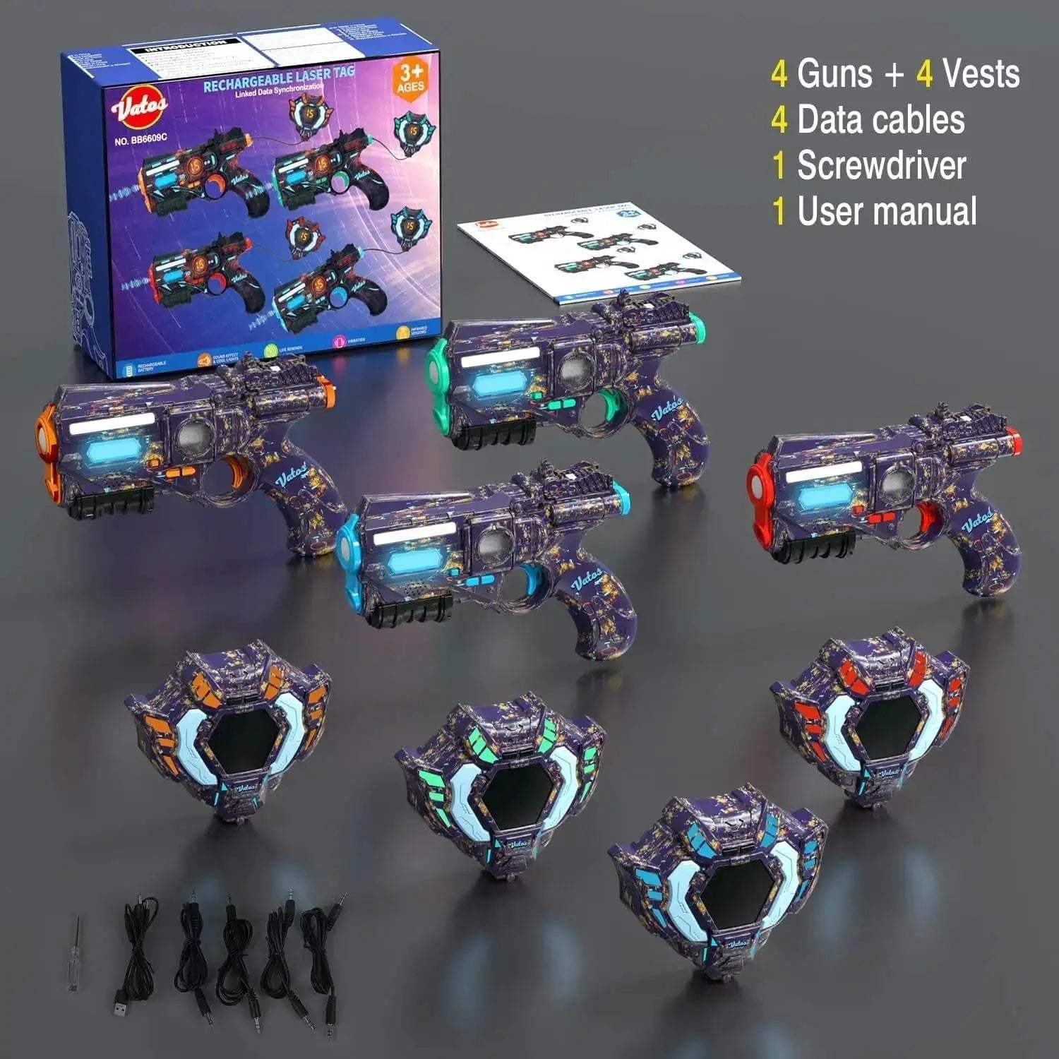 VATOS Rechargeable Infrared Laser Tag Gun Set with 4 Vests and Glowing Lights for Adults and Kids - ToylandEU
