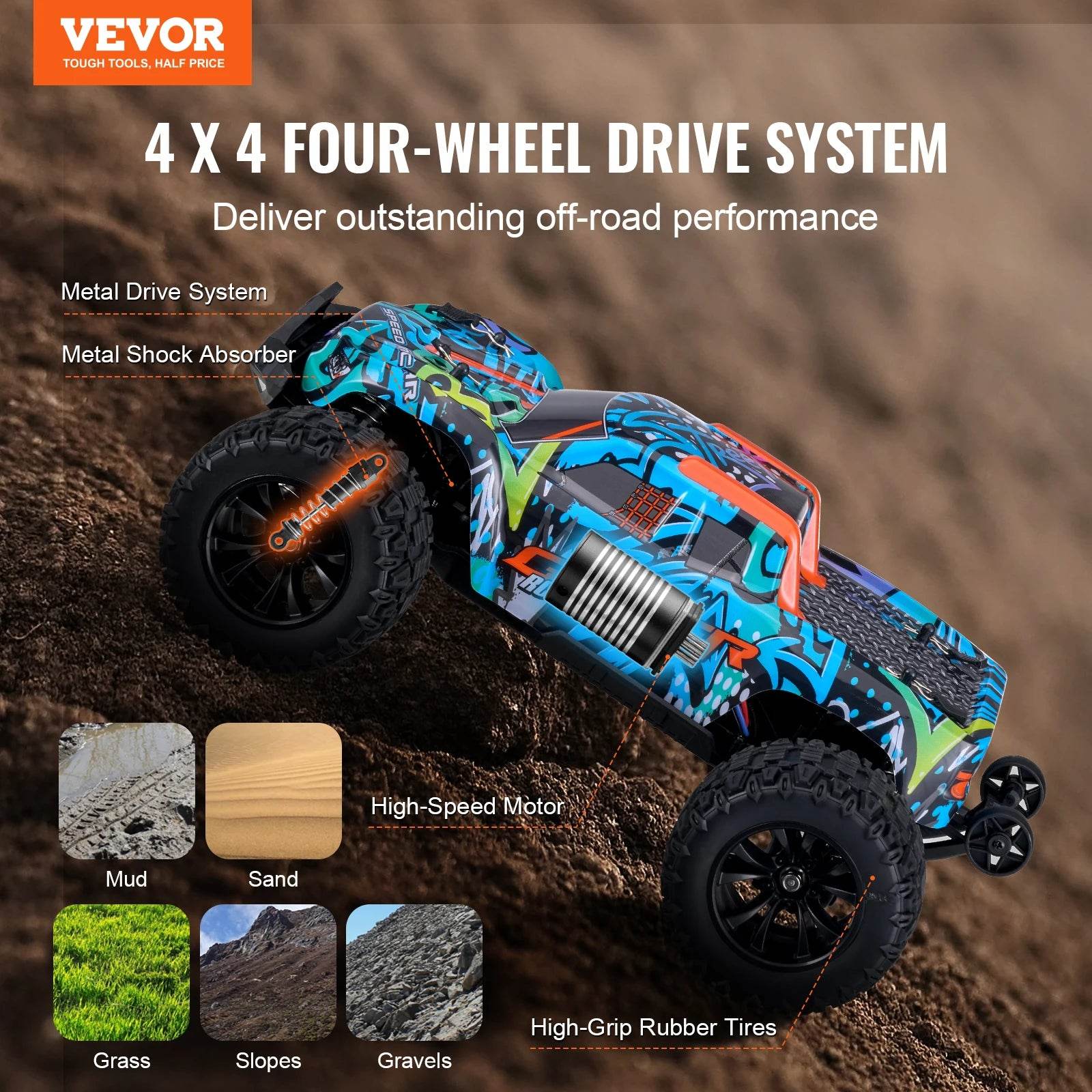 VEVOR 1:14 42KM/H 4WD RC Car Adjustable Speed Off-Road Truck - ToylandEU