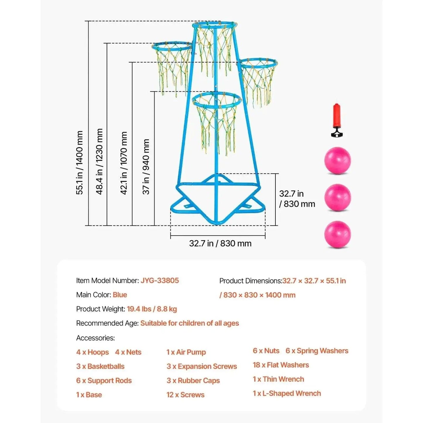  VEVOR 4-Hoop Kids Basketball Hoop Stand with 3 Balls -  ToylandEU™