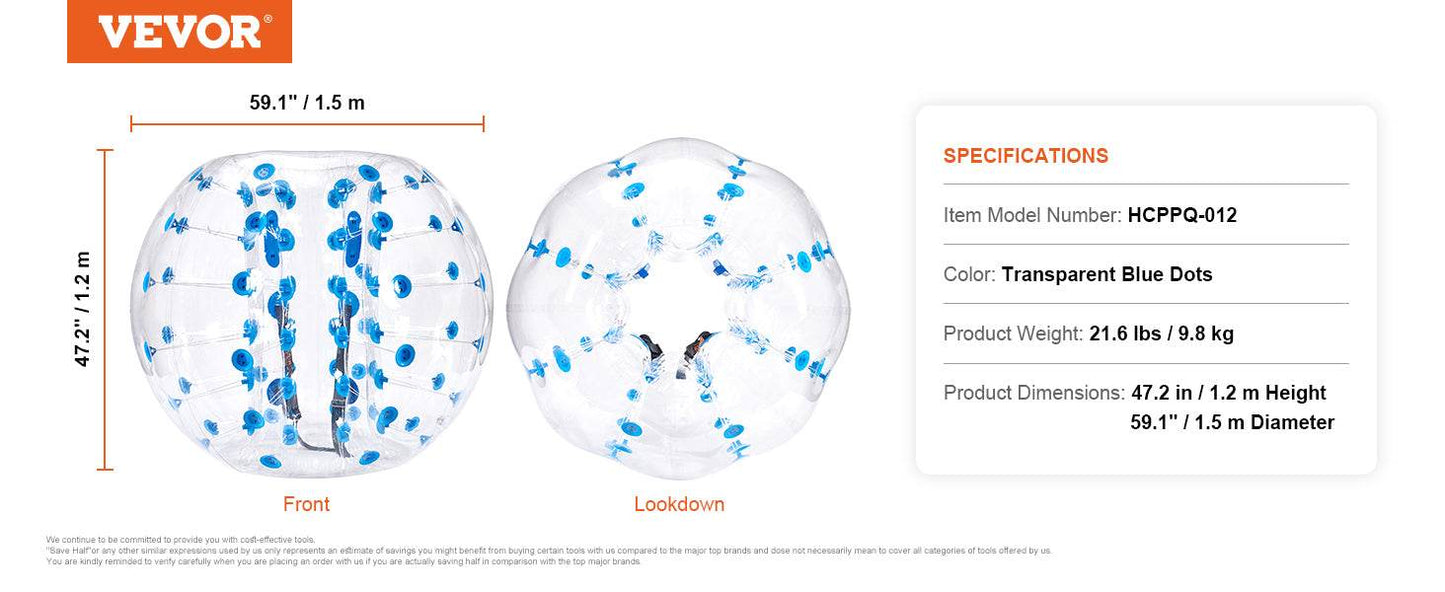 VEVOR 5Ft 1.5M Inflatable Bumper Ball Body Sumo Zorb Balls for Teen and Adult 0.8mm Thick PVC Human Hamster Bubble Balls - ToylandEU