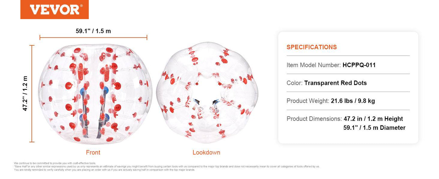 VEVOR 5Ft 1.5M Inflatable Bumper Ball Body Sumo Zorb Balls for Teen and Adult 0.8mm Thick PVC Human Hamster Bubble Balls - ToylandEU