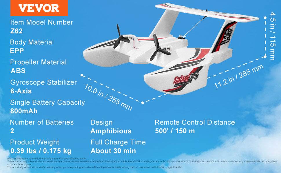 VEVOR EPP Foam RC Plane 2.4G 3CH Sea Air Glider Toy - ToylandEU