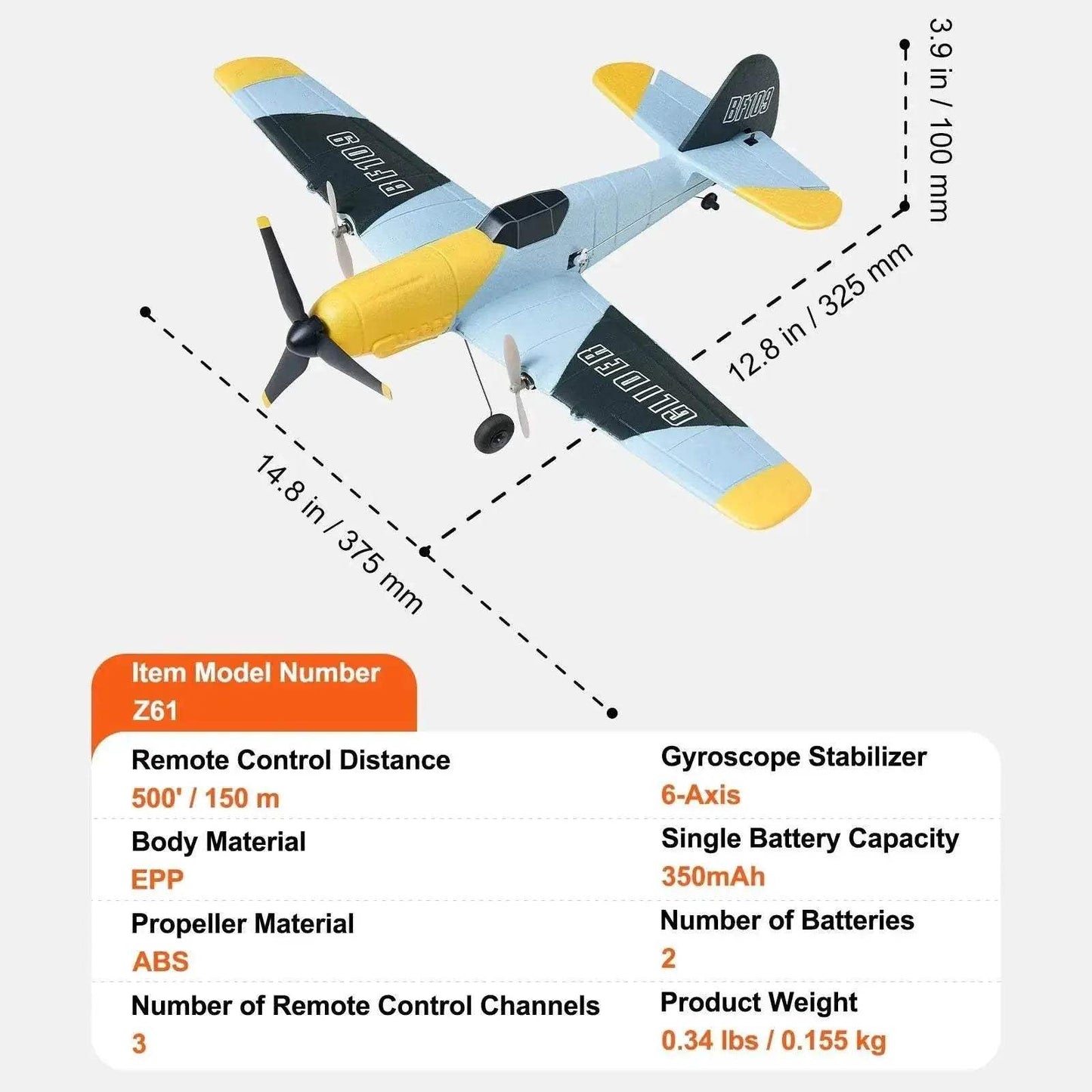  VEVOR Z61 RC Plane BF109 Fighter with 2 Batteries -  ToylandEU™
