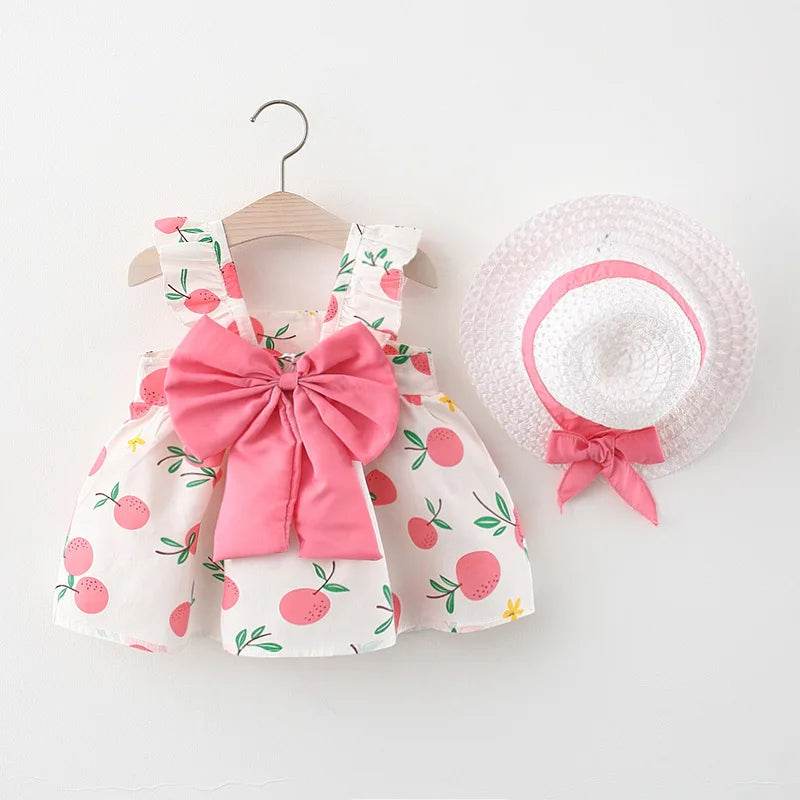 Vibrant Girls Cotton Skirt Fruit Print And Big Bow Plus Free Straw Hat For 3 To 6 Years - ToylandEU
