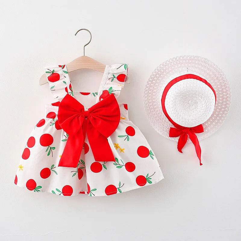 Vibrant Girls Cotton Skirt Fruit Print And Big Bow Plus Free Straw Hat For 3 To 6 Years - ToylandEU