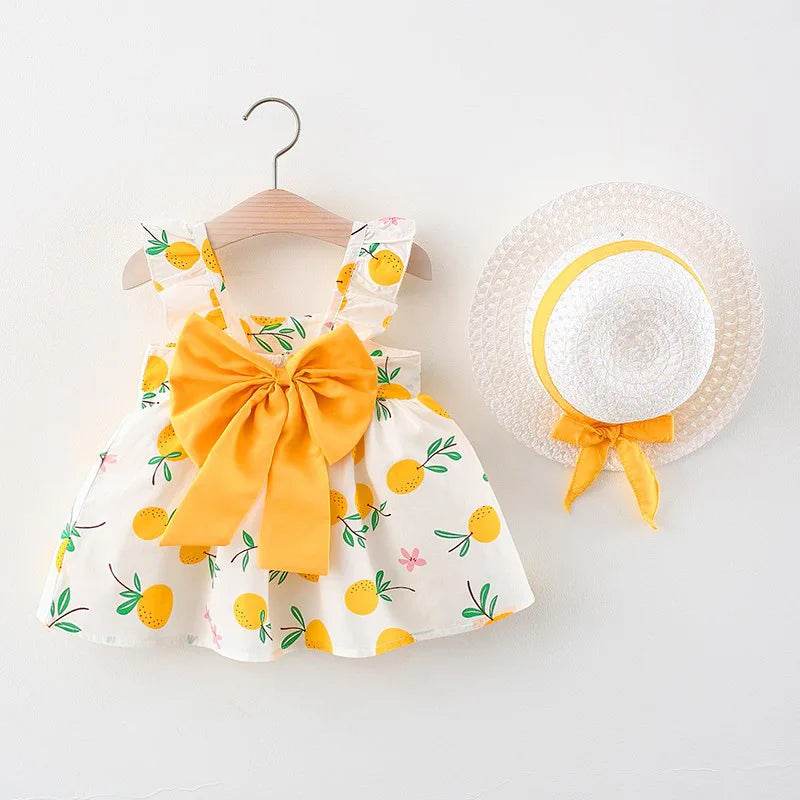 Vibrant Girls Cotton Skirt Fruit Print And Big Bow Plus Free Straw Hat For 3 To 6 Years - ToylandEU