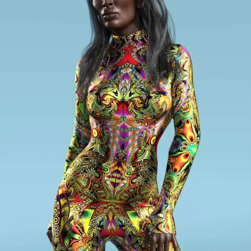 Vibrant Rainbow Print Jumpsuit Romper Front Zipper For Women - ToylandEU