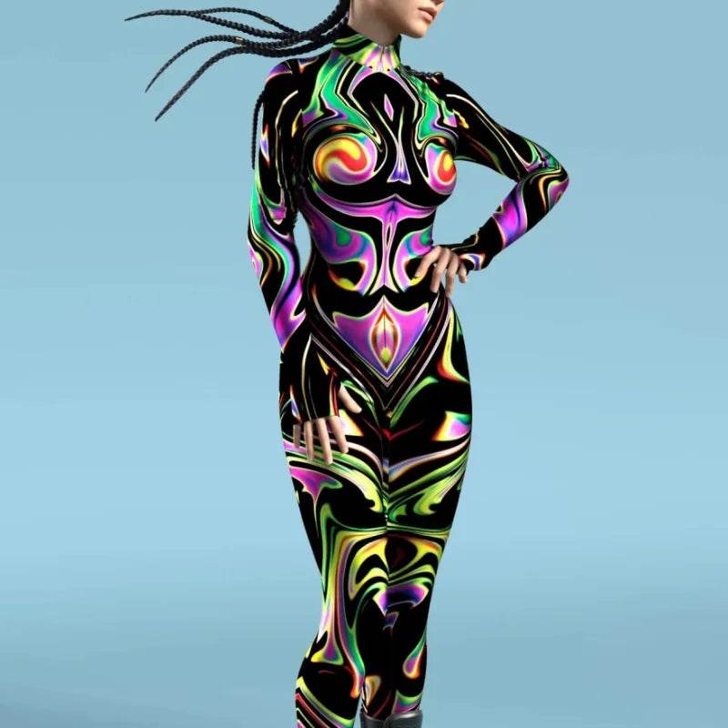 Vibrant Rainbow Print Jumpsuits Rompers Front Zip Cosplay - ToylandEU