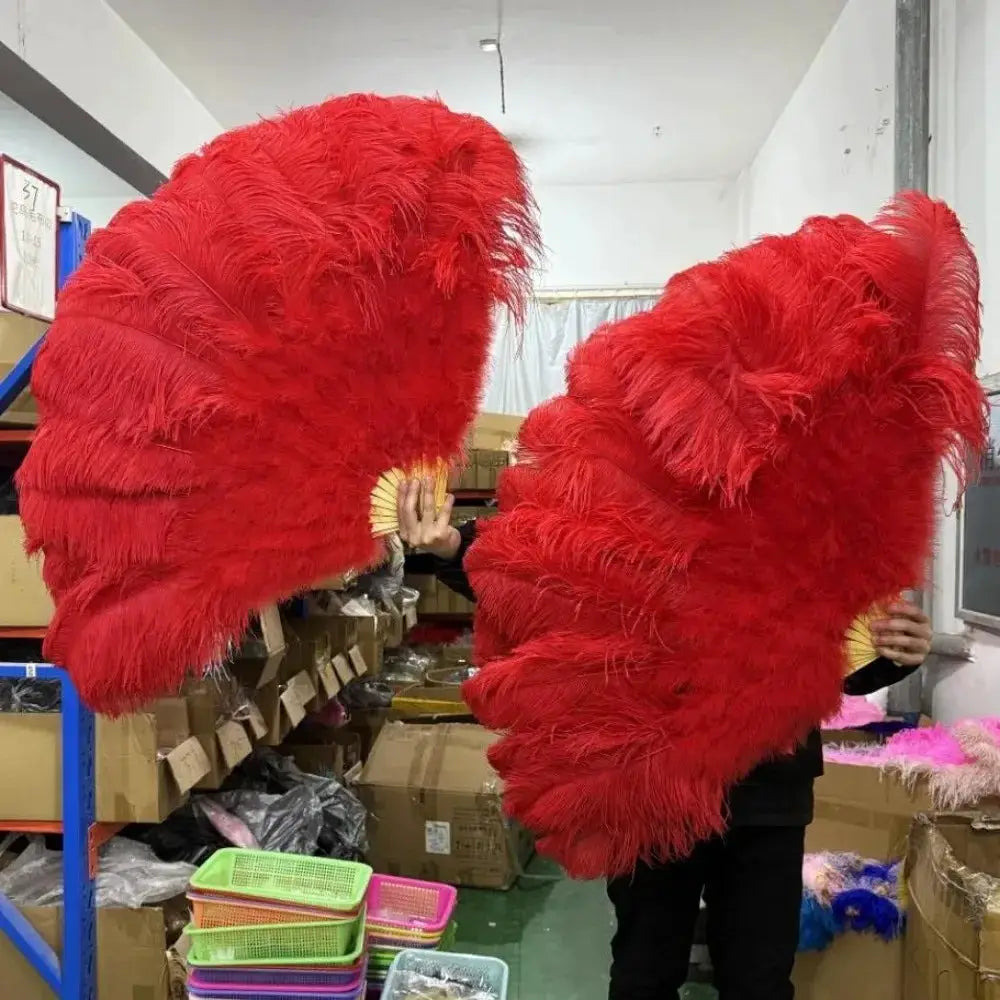 Vibrant Red Ostrich Feather Handheld Fan For Runway Shows - ToylandEU