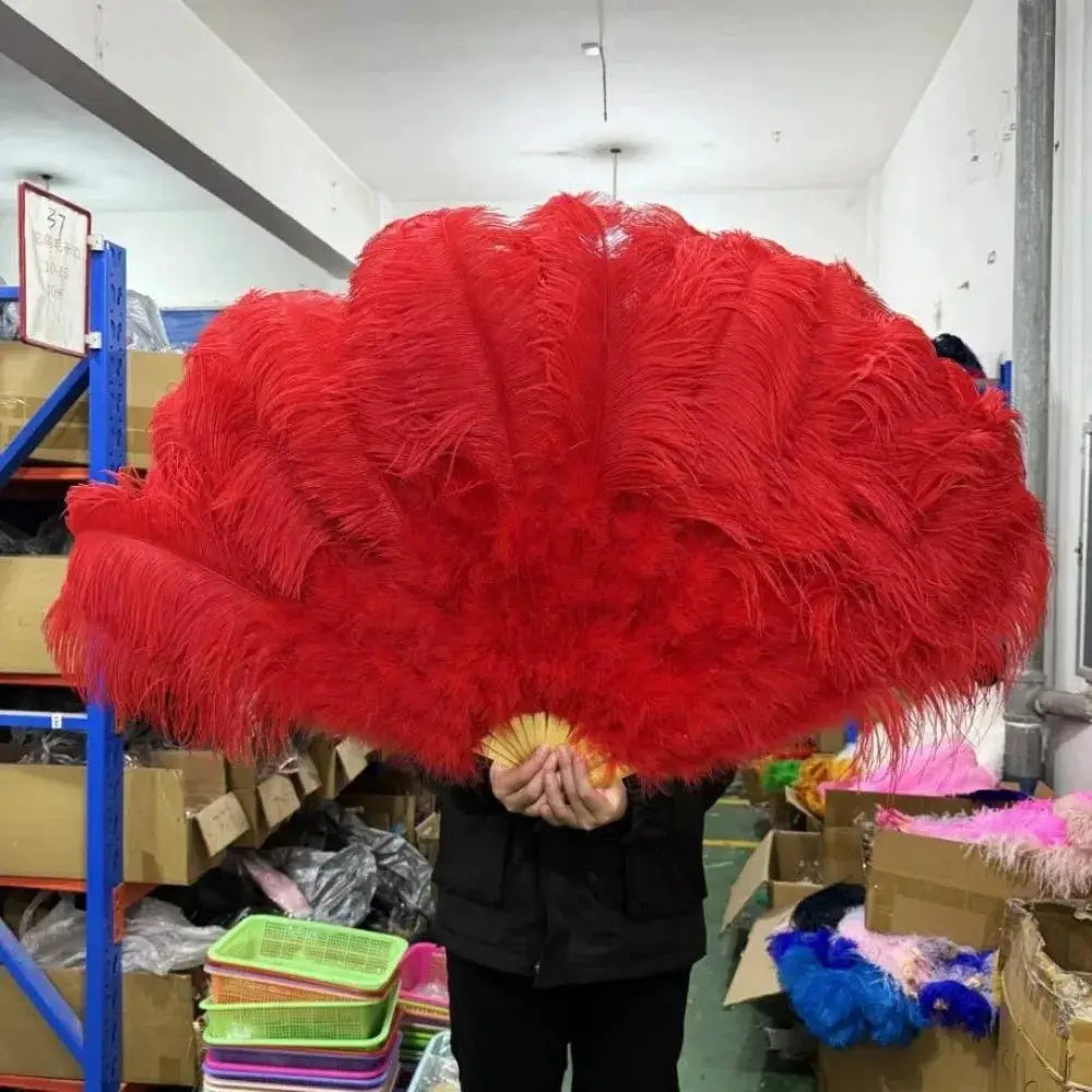 Vibrant Red Ostrich Feather Handheld Fan For Runway Shows - ToylandEU
