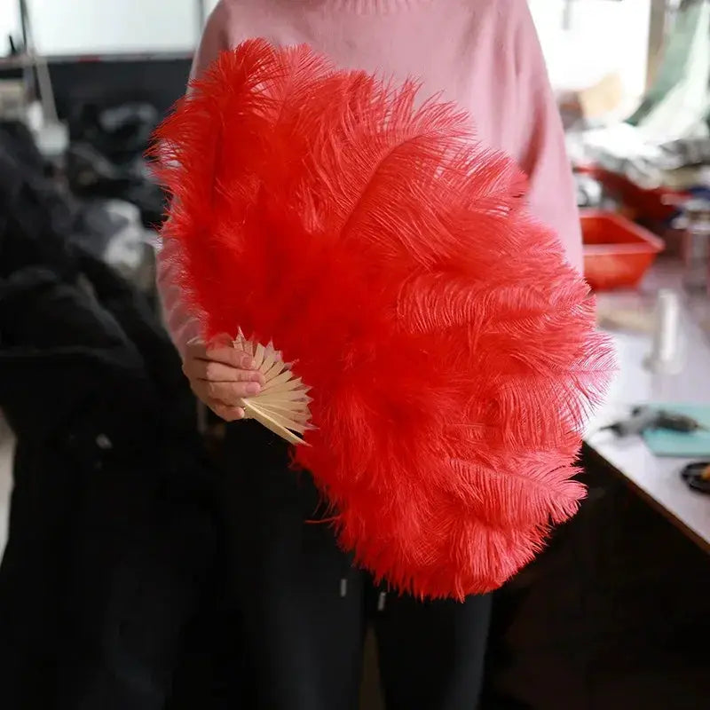 Vibrant Red Ostrich Feather Handheld Fan For Runway Shows - ToylandEU