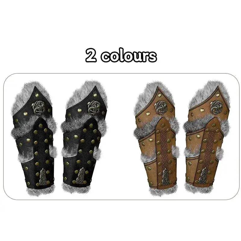 Viking Leather Gauntlets With Velvet Fur Trim For Larp Cosplay - ToylandEU