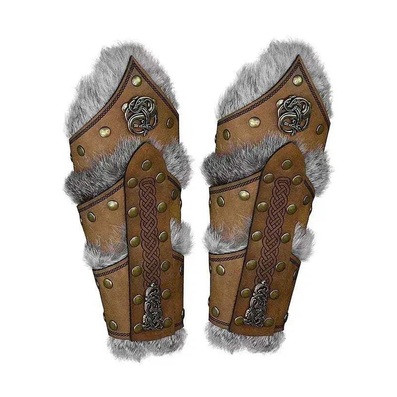 Viking Leather Gauntlets With Velvet Fur Trim For Larp Cosplay - ToylandEU