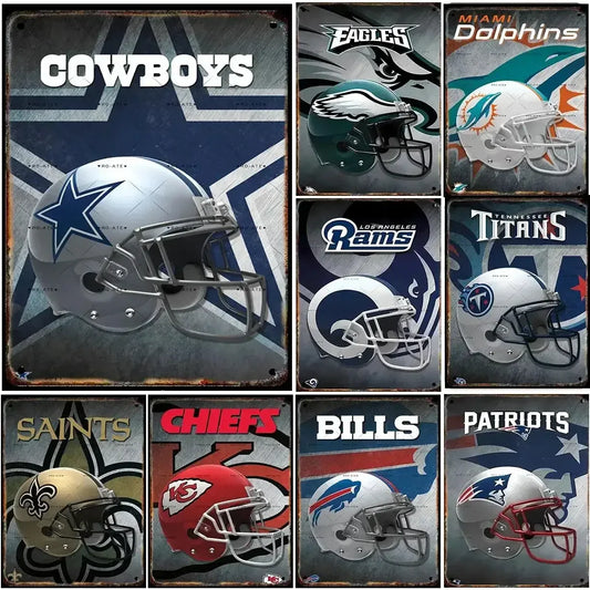 Vintage Football Helmet Metal Tin Sign Wall Decor Retro Art - ToylandEU