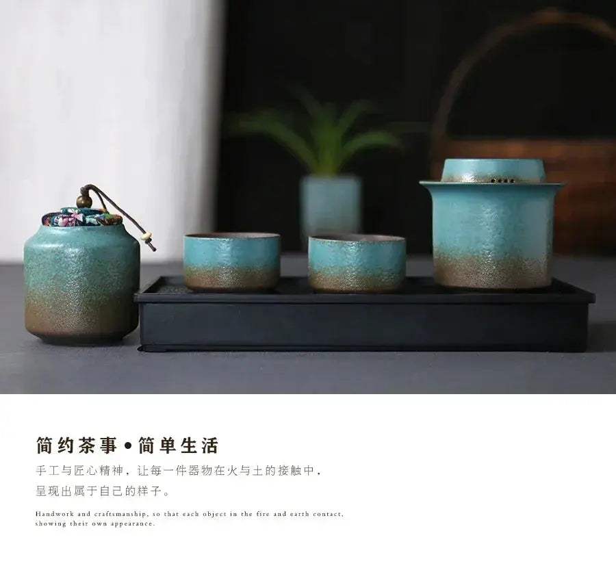 Vintage Spring Green Pottery One Kettle One Cup with Lid 4 Mini Cups Tea Caddy, Simple Small Tea Set Handwork and Craftsmanship - ToylandEU