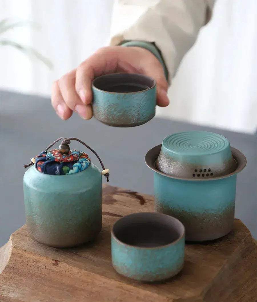 Vintage Spring Green Pottery One Kettle One Cup with Lid 4 Mini Cups Tea Caddy, Simple Small Tea Set Handwork and Craftsmanship - ToylandEU